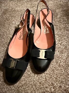 Salvatore Ferragamo Black Patent Vara Bow Slingback